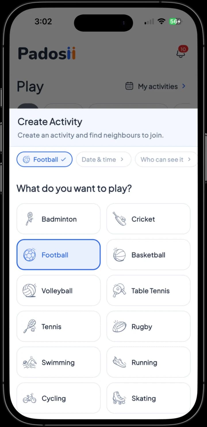 Creating a Play activity on iPhone: choose from badminton, cricket, football, basketball, volleyball, table tennis, tennis, rugby, swimming, running, cycling or skating