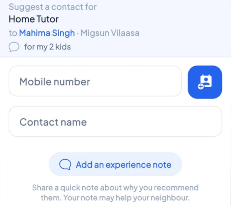 Suggesting a contact for a neighbour's Ask: add the person's number and name, and an optional note about why you recommend them