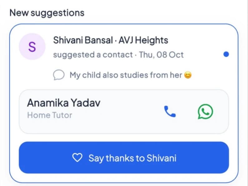 A suggestion arriving on an Ask: a neighbour from a nearby society suggests a home tutor, adds a note from their own experience, and the asker can call, WhatsApp or say thanks