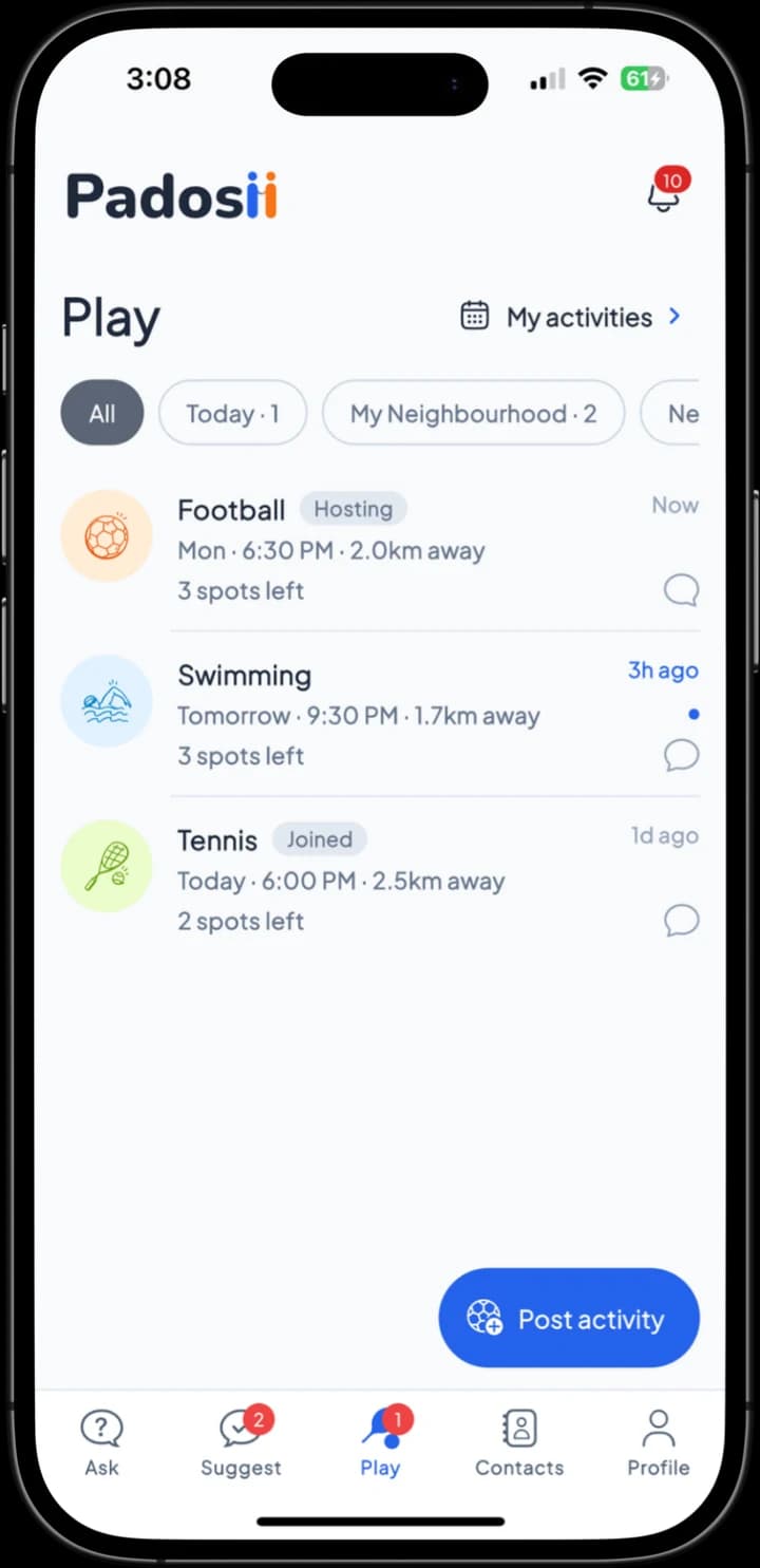 Padosii Play on iPhone: upcoming football, swimming and tennis with neighbours nearby, each with spots left, and a Post activity button