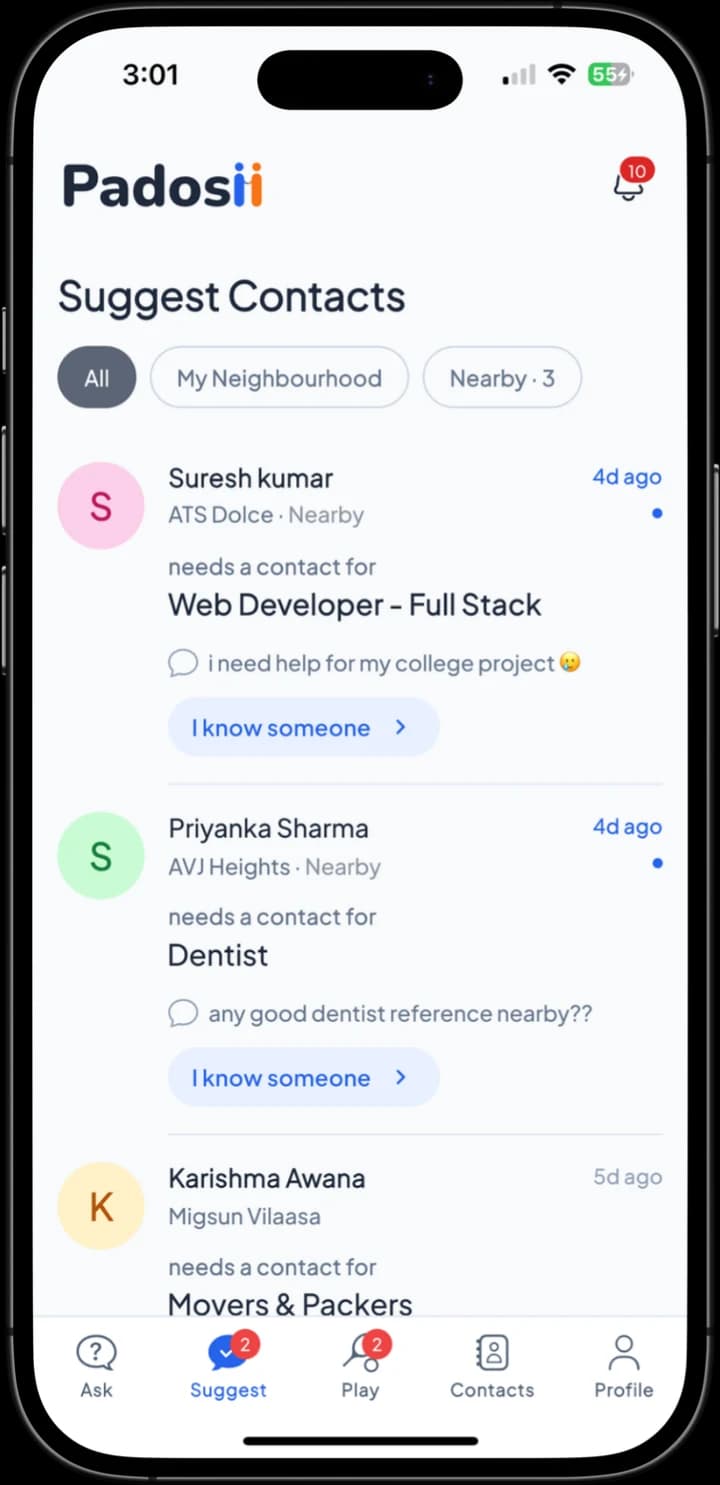 Padosii on iPhone: neighbours nearby asking for a web developer, a dentist and movers, each with an I know someone button