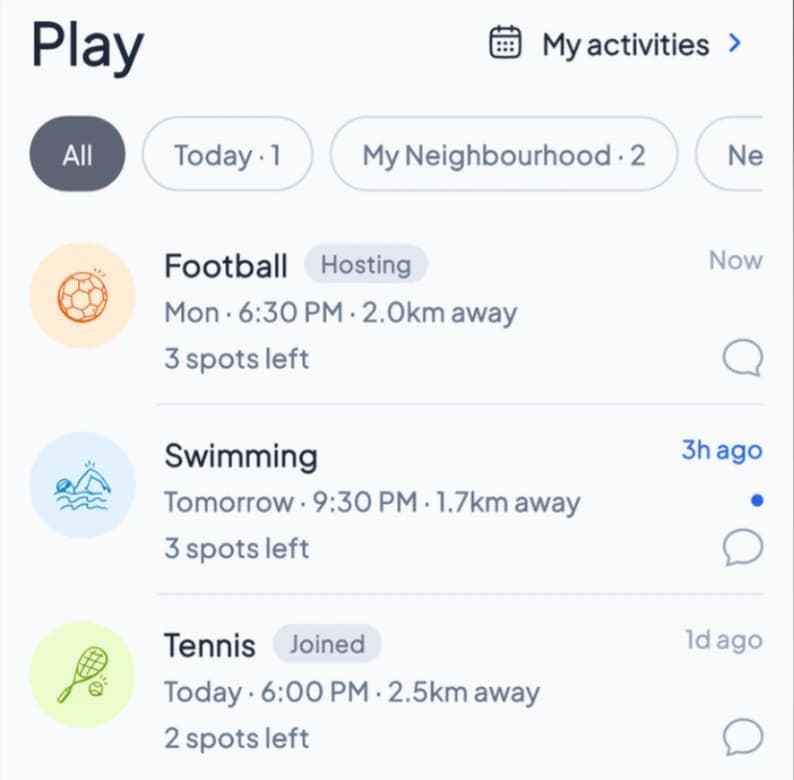 Upcoming Play activities from neighbours nearby: football, swimming and tennis, each with spots left