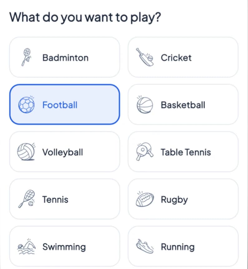 Starting a Play activity: choose badminton, cricket, football, basketball, volleyball, table tennis, tennis, rugby, swimming or running